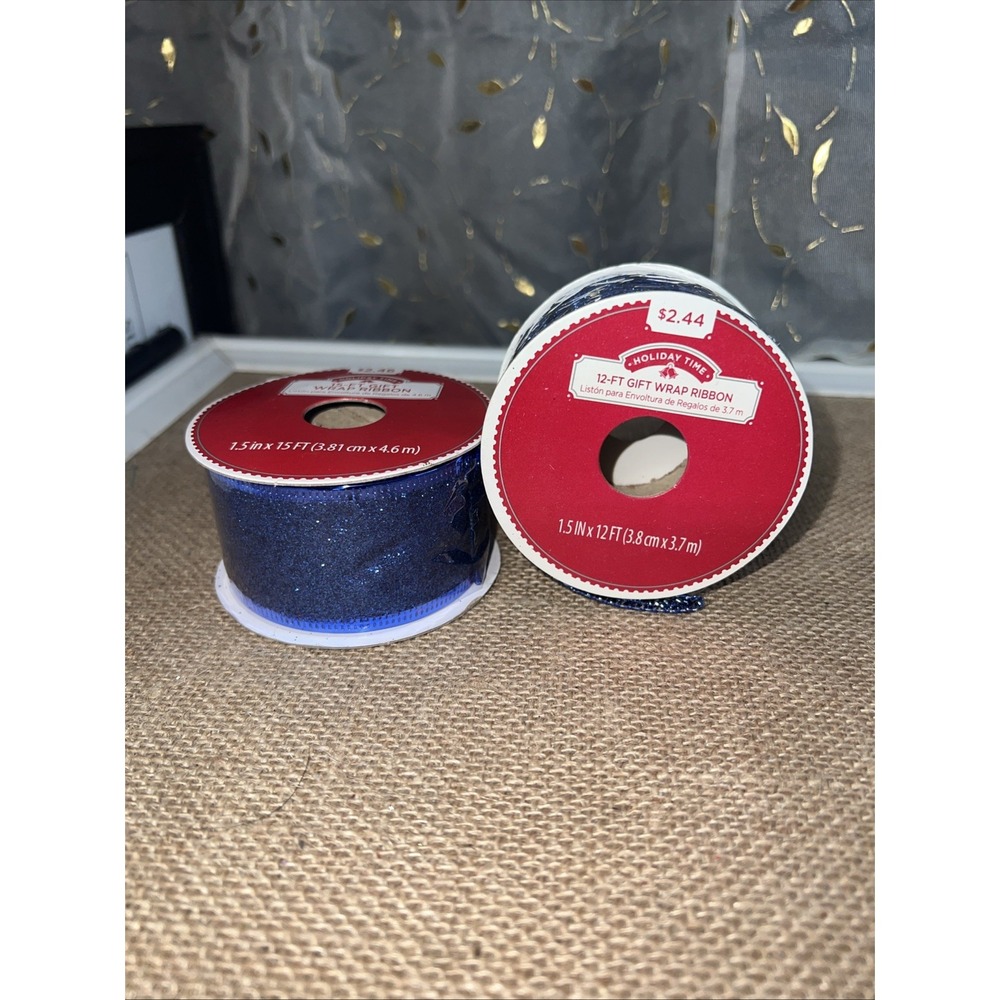 Holiday Time Dark Blue Wire Edged Ribbon 1.5in x 15ft 2 Rolls Metallic Blue RB06
